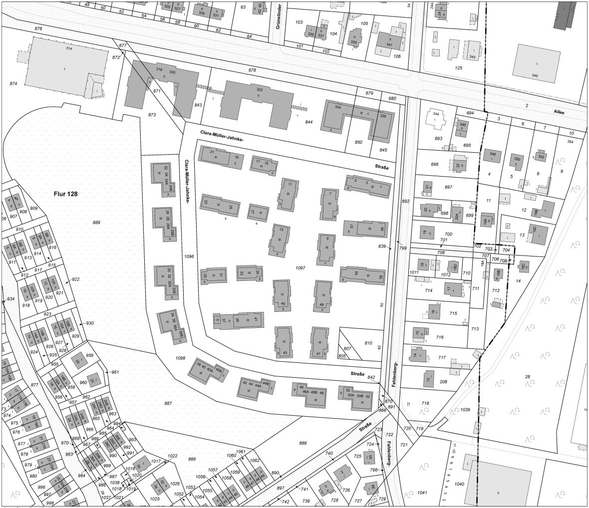 Flurkarte mit neueingemessenen Gebäuden